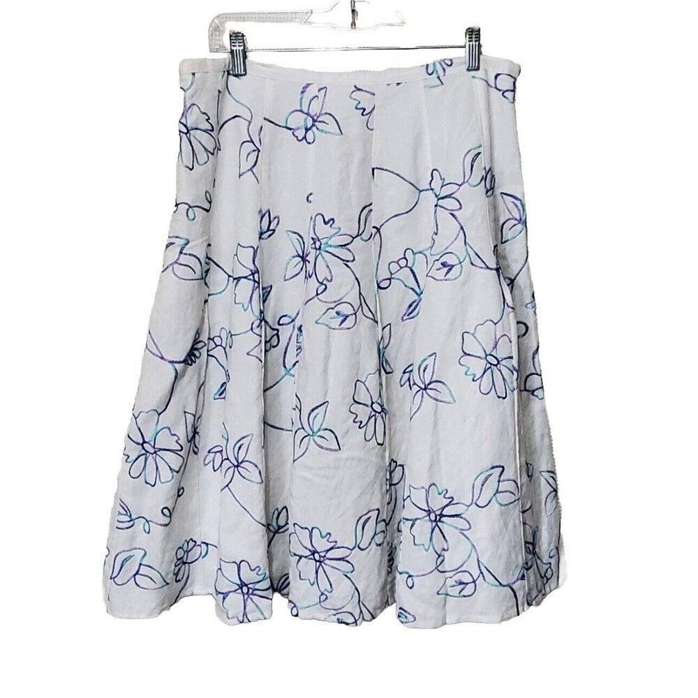 Dressbarn Skirt Womens 12 White Embroidered Floral Linen Pleated Midi Lined